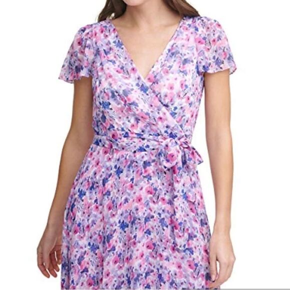New! DKNY Flutter Sleeve Floral Dress Sz 2 - Picture 2 of 6